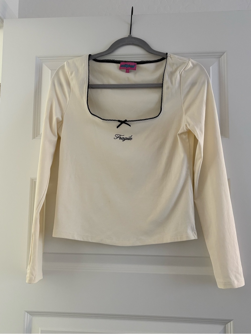 Edikted Cream Long Sleeve Square Neck Top with Black Trim